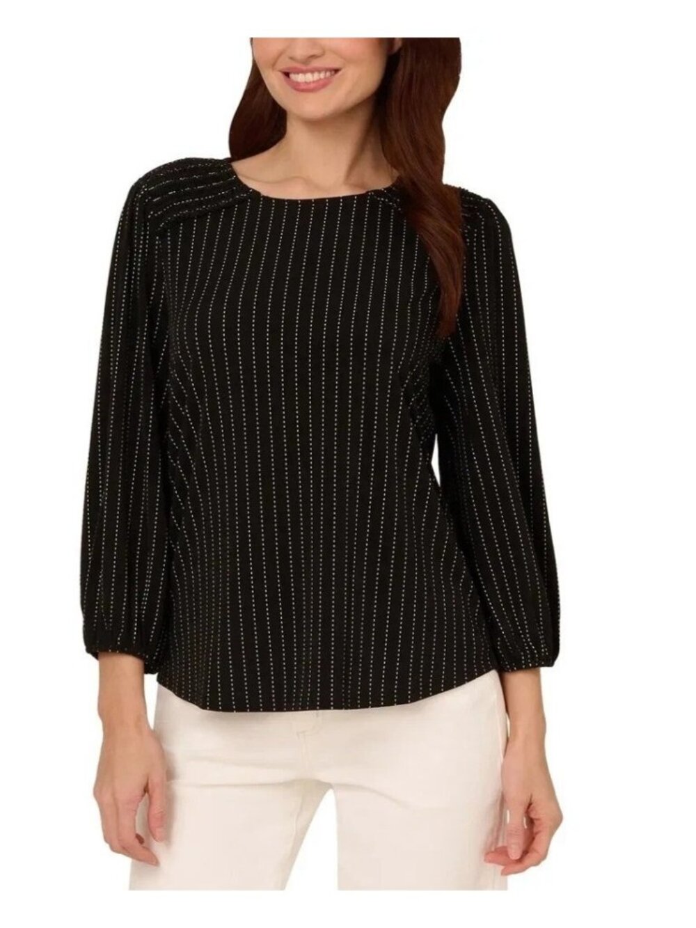 NWT Adrianna Papell Women's S Black Blouse Striped 3/4 Sleeve Keyhole Back M1327